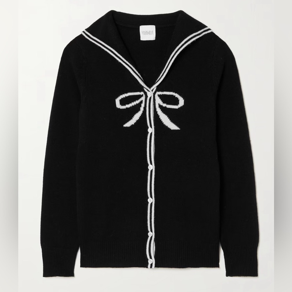 MADELEINE THOMPSON Black Cardigan with White Bow Detail